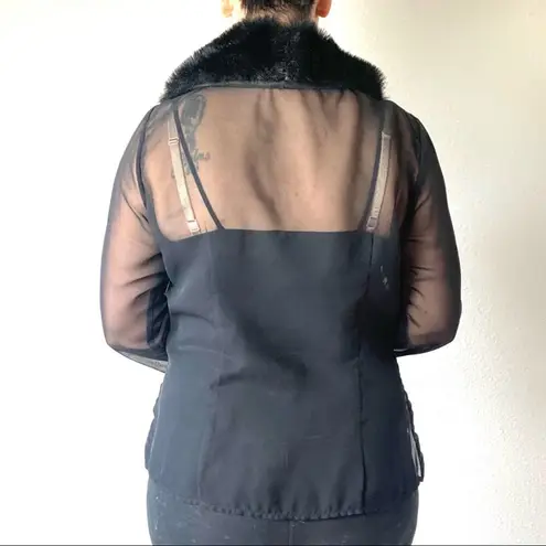Y2K Faux Fur Collar Sheer Chiffon Tie Front Blouse Size Large Black