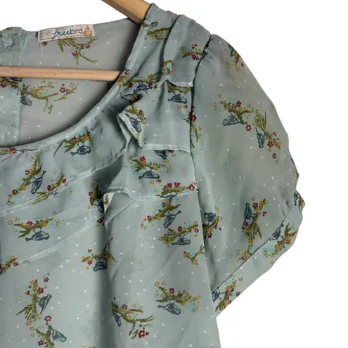 Freebird Light Blue Sheer Floral Bird Ruffled Short Sleeve Blouse Size S