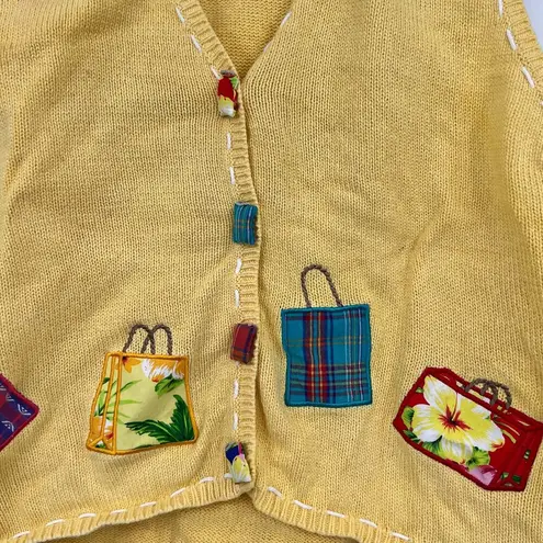 VINTAGE Yellow Shop Til You Drop Vest Embroidered Applique Purses size large