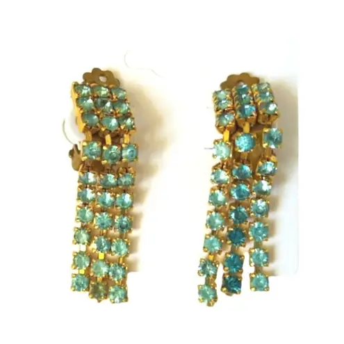 Vintage Blue  Green Round Cut Rhinestones Triple Dangle Drop Earrings Gold Clip