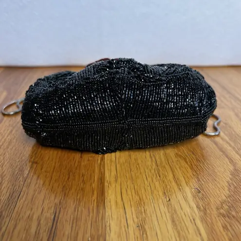 Vintage Handmade Black Beaded Cross Body Bag Purse Evening Gold Strap Clutch