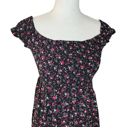 Black floral maxi dress smocked off the shoulder casual cottagecore farmhouse Size L