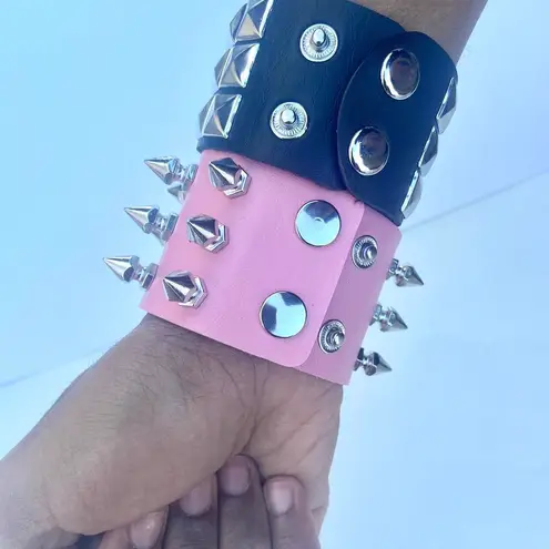 2 pcs Gothic PU leather Studded Spike bracelets , Pink and Black Punk Grunge wristbands , Multiple