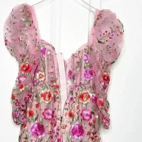 For Love & Lemons NWT  Tayla Ruffle Corset Embroidered Puff Sleeve Dress Size XS