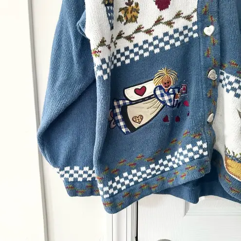 Quacker Factory  Vintage Blue Cottage Grandma Knit Heart Angels Miracles Cardigan