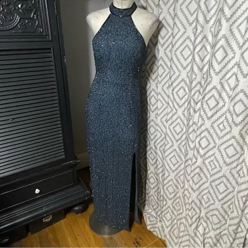 90s Y2K Andretta Donatello Silk beaded halter Open Back maxi prom dress gown L Gray Size L
