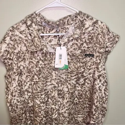 NWT Calvin Klein Jeans Tencel Button Down Collar Sleeveless Summer Snakeskin 2X Brown