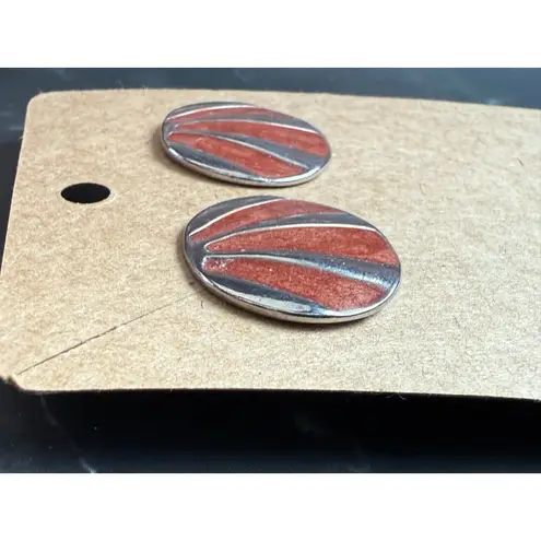 Vintage 80's Retro Metal & enamel Rust Fashion Circle Stud Earrings 1in Brown