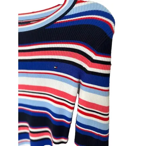 Tommy Hilfiger  Womens Ribbed Knit Striped Sweater Dress White Red Blue Size XS