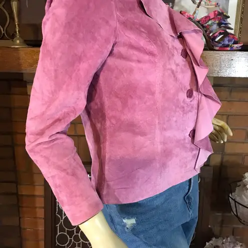 PARISIAN VINTAGE 1990'S PINK SUEDE RUFFLE FRONT BUTTON JACKET (PS) Size undefined