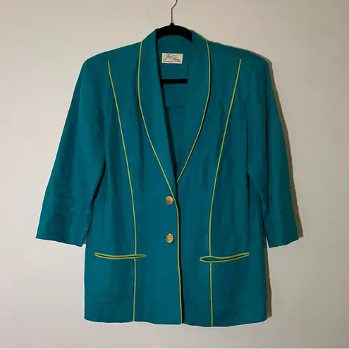 Vintage Teal Linen Blazer w/ Neon Green Piping Size M