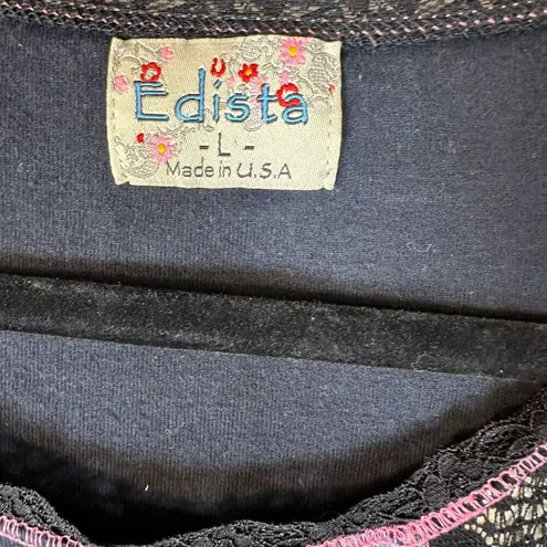 Edista Floral Lace Mixed Fabric Velvet Burnout Long Sleeve Graphic Blouse Large Black