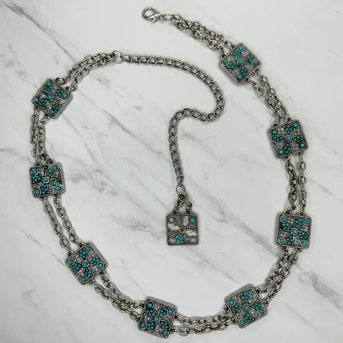 Faux Turquoise Studded Square Silver Chain Link Belt One Size (OS) ✨