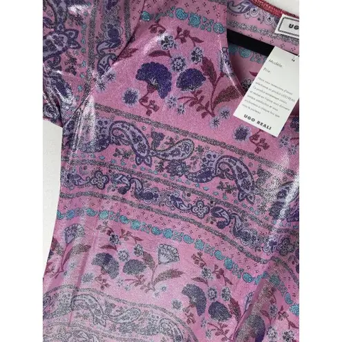 New Ugo Reali MIxed Print Short Sleeve Top Womens Sm? Pink Shiny Paisley France
