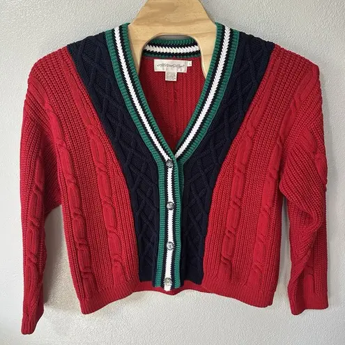 Vintage Tennis Preppy Cableknit Cardigan Sweater Red Blue Green White Size Large