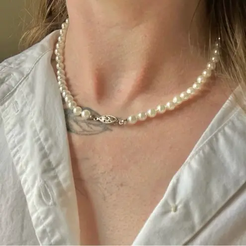 Pearl Necklace Vintage “Inga” 16.5” Hand Knotted Silver Marquise Fishhook Classic White