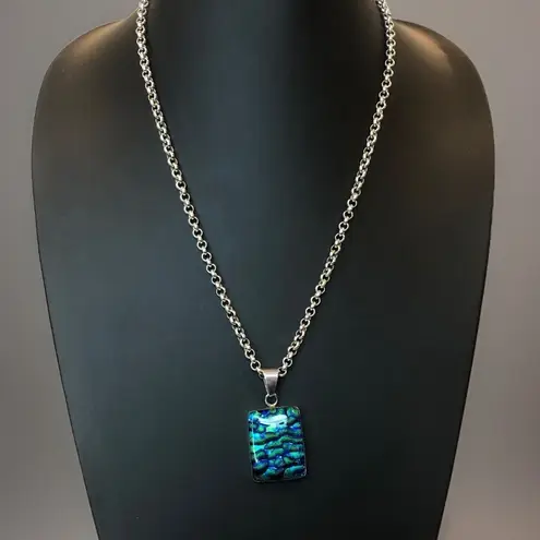 Sterling Silver Rolo Necklace and Blue Green Dichoic Glass 925 Pendant 24”
