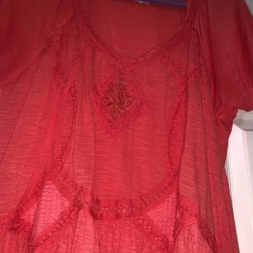 Free People Coral Embroidered Boho Blouse Top