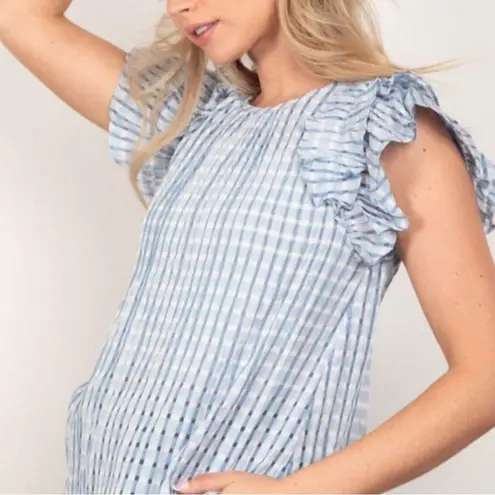 Very J NWT Ruffle Sleeve Plaid Top Sz S Blue/White