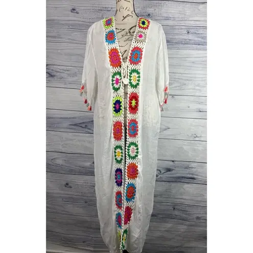 Rebellion Again Duster Cover Up Women XS Colorful Crochet Tassel Sheer Beach NWT White