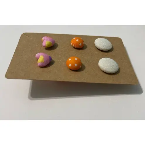 None Fabric Covered Button Earring Stud Set Round Pink