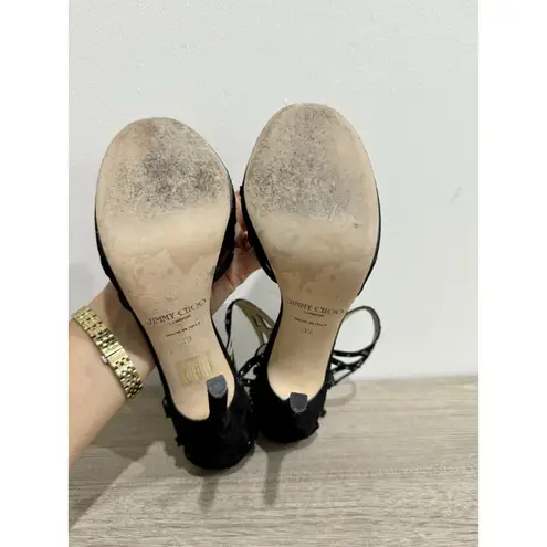 Jimmy Choo Metallic Leather Crystal Embellished Cut Out Strappy Sandals Black 39