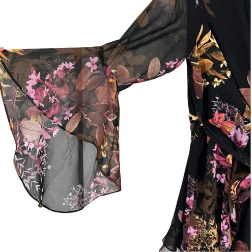 City Chic Malaga Floral Mini Dress in Black size S/16 Bell Sleeve Faux Wrap