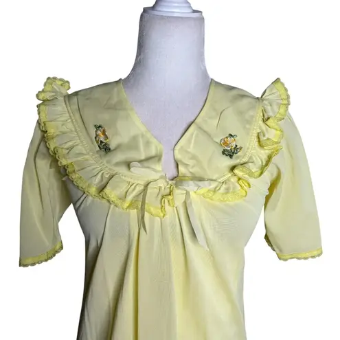 Vintage Nylon Nightgown Ruffled Collar Small Yellow Floral Embroidery Maxi