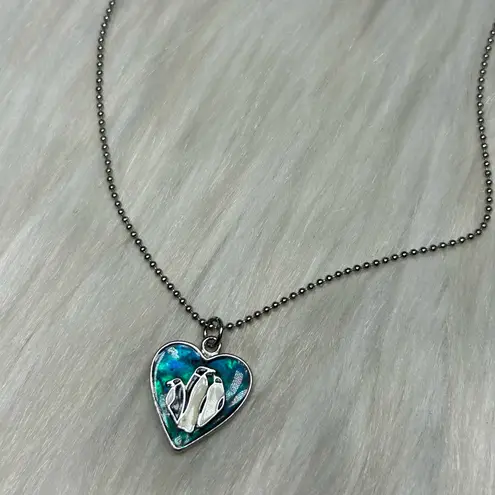 Abalone penguin heart silver tone necklace