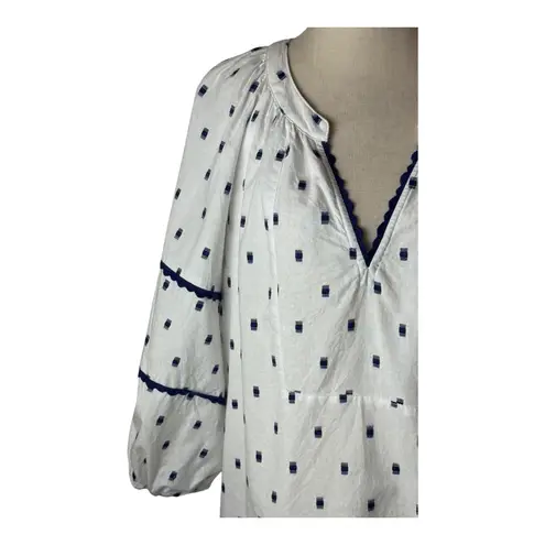 Tyler Boe Shirt Women Large White Blue Cotton Geo Molly Blouse Peasant Preppy