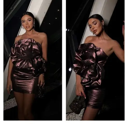 ZARA  blogger favorite VOLUMINOUS FLOWER DRESS Metallic Bronze Mini Strappy Back