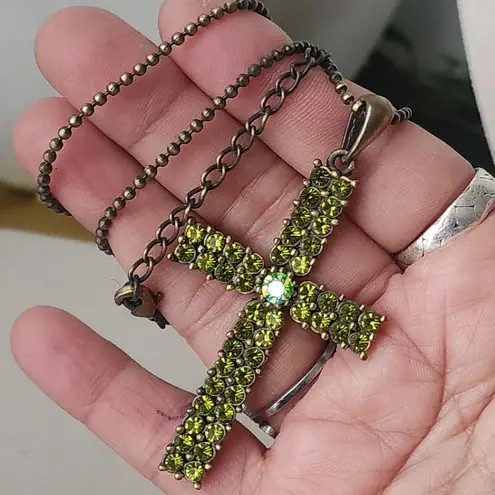 Brass Green Crystal Cross Pendant on 18" Chain
