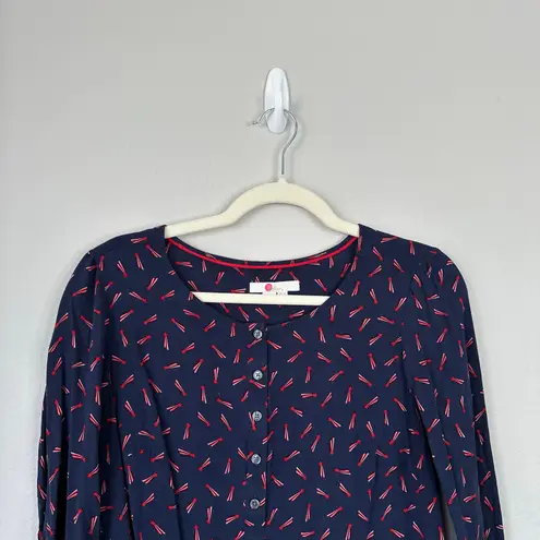 BODEN Kara Shooting Stars Blouse Navy Red Smocked Sleeves Button Front Size 10 Blue