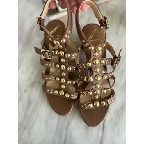 Brian Atwood Brown Leather & Gold Stud Gladiator Heeled Sandals