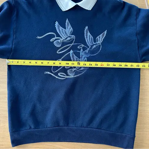 Vintage MORNING SUN sweatshirt Collared Sz L Navy Blue Silver Birds Grandmacore Size L