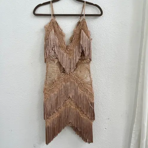 BANJUL Sheer Floral Lace Fringe V-Neck Bandage Dress Camel Brown Women's Size 2