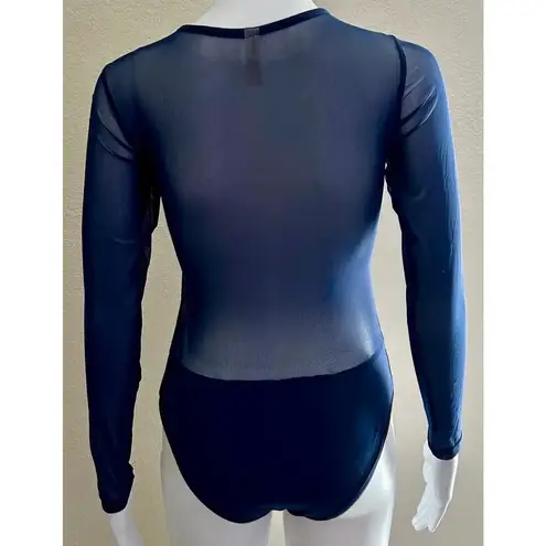 Fashion Girls | Women's Sheer Mesh Embroidered Floral Dance Bodysuit | Medium Blue