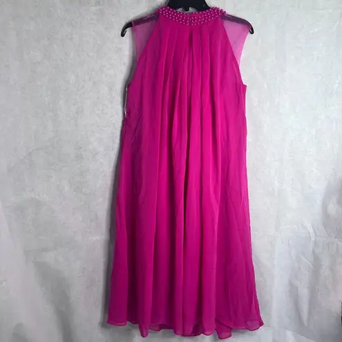 LT Lan Ting NWT Hot Pink Pearl Collar Aline Chiffon Overlay Midi Dress Sz SM