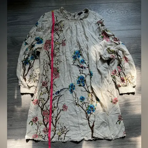 Superdry Long Sleeve Lightweight Embroidered Tree Bird Cream Blue Dress Size 12