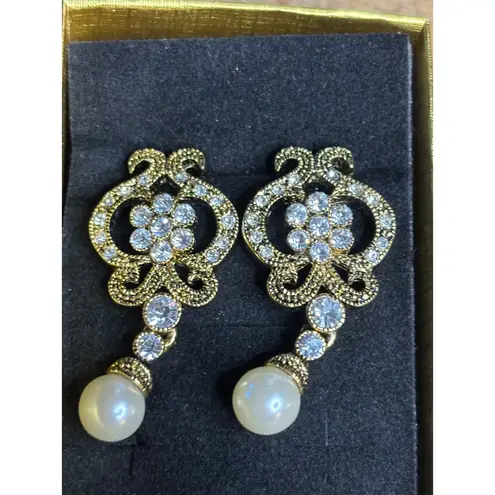 Gold Tone Crystal Pearl Dangle Earrings