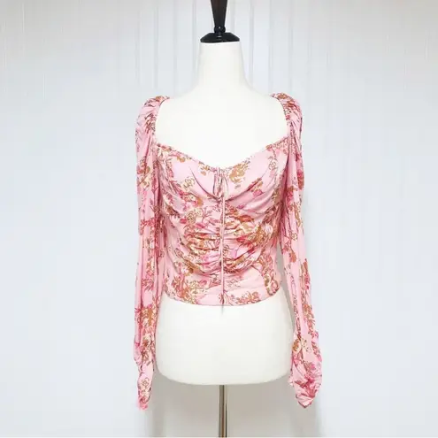 Free People  Hilary Pink Floral‎ Crop Top Puff Sleeve Square Neck Size Medium New