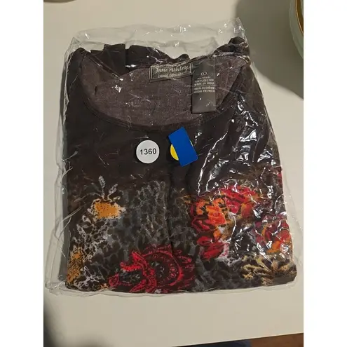 Jane Ashley Casual Brown Floral Print Top, Women's Large Shirt, 3/4 Sleeve