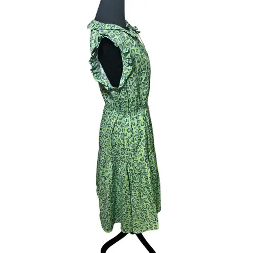 TUCKER NYC Dani Dress Midi Tiered Ruffles Hugs & Kittens Cotton Print Green Size M