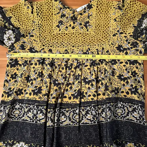 SEA New York Women’s Silk Lace Crochet Bib Mustard Black Blouse Size 2