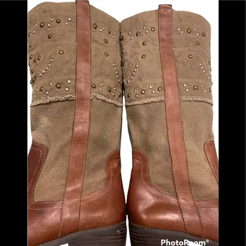 Paris Blues Pull On Leather/Canvas Studded Boots