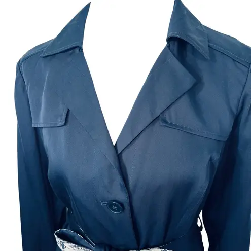 Laurie Felt Navy Fitted Belted Utility Jacket Blazer Contrast Printed Belt Sz 8