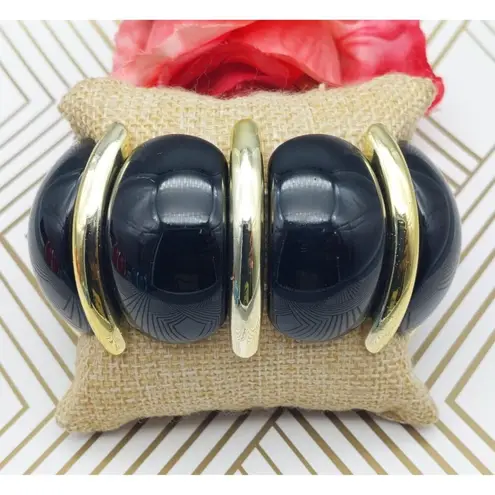 Lot of 3 Acrylic Statement Bracelets Stretch Wide Gold Tone Trim Blue Black Red