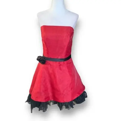 Vintage 90s Mini Dress Red Strapless Corset Black Tulle Rosette Detail Prom 6 Red