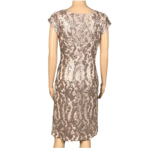 Sue Wong  Champagne sequined square neck sheath dress with stretch. Size 6. EUC