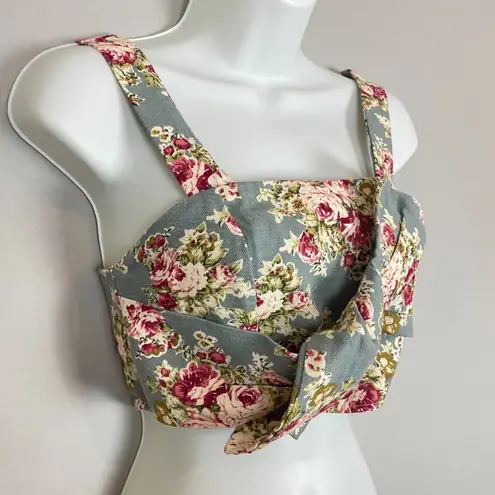 Lob Crop Top Floral Linen Cotton Twisted Bow Front Sleeveless XS Cottagecore Blue Size undefined